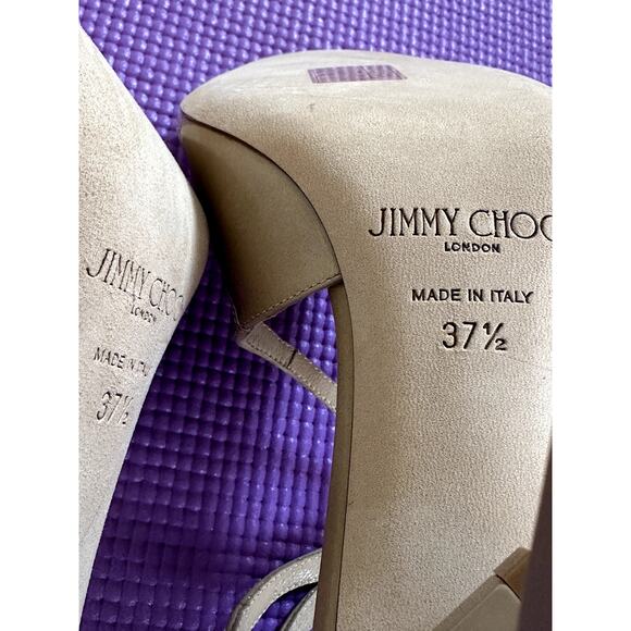 $850 Jimmy Choo Sandals Beige Patent leather Heels Size 37.5 NEW Made in Italy - Picture 5 of 14
